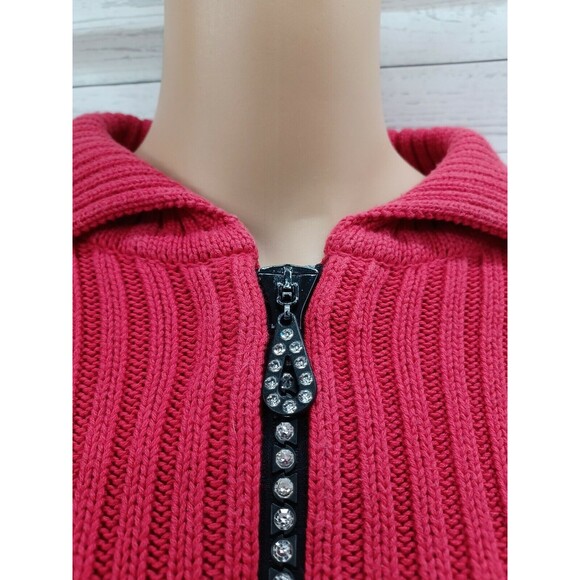 Vintage Von Saken Sweater Cardigan S Red Crystal Zipper Ribbed Bling USA Glam - Picture 3 of 9